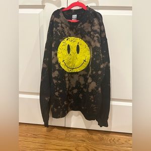 Bleach tie dye crewneck with yellow smiley face